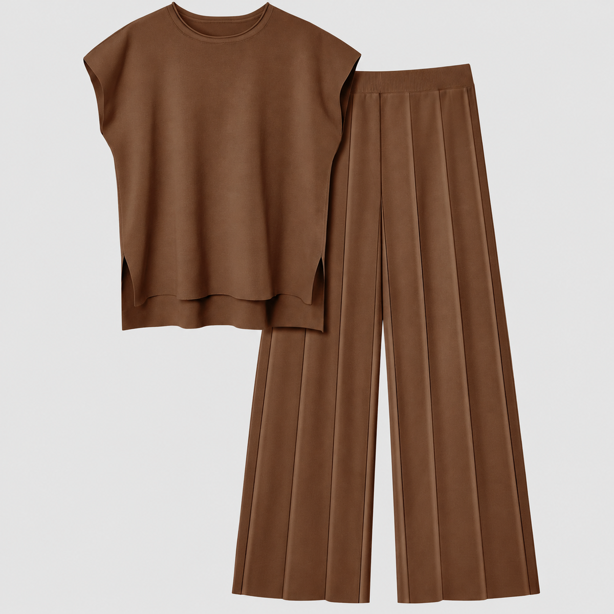 Priscille | Women’s Drop-Shoulder Top and Palazzo Pants Lounge Set — Brown