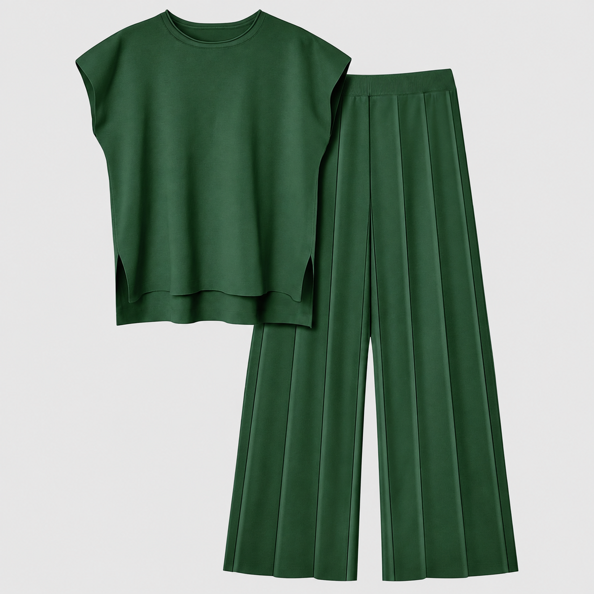 Priscille | Women’s Drop-Shoulder Top and Palazzo Pants Lounge Set — Dark Green