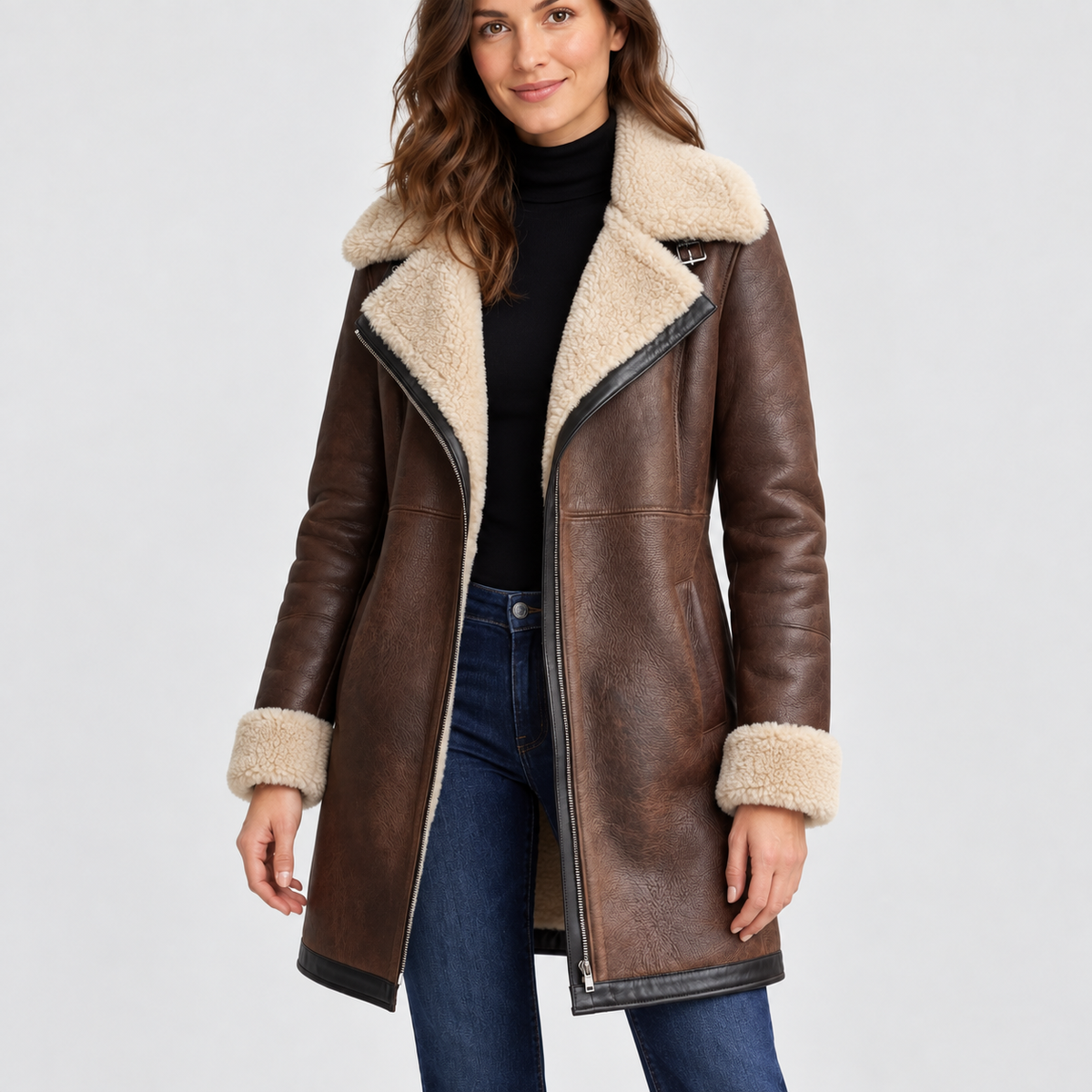 Olivia dark brown coat with cream faux-shearling trim, worn by a model.