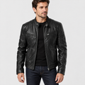 Ethan black cafe racer jacket with zip pockets, worn by a model.