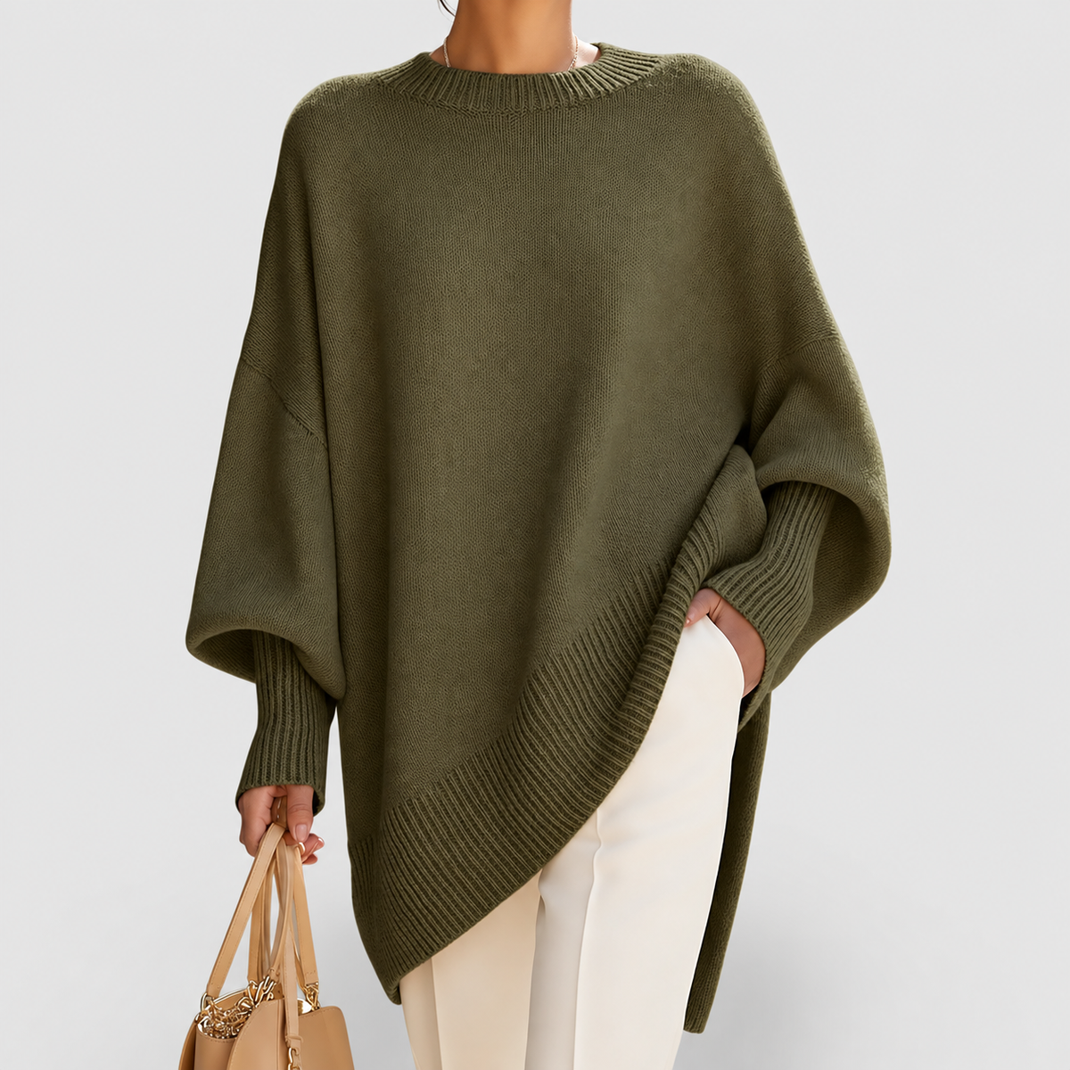 Quinn | Women’s Oversized Draped Wide-Neck Sweater — Olive Green