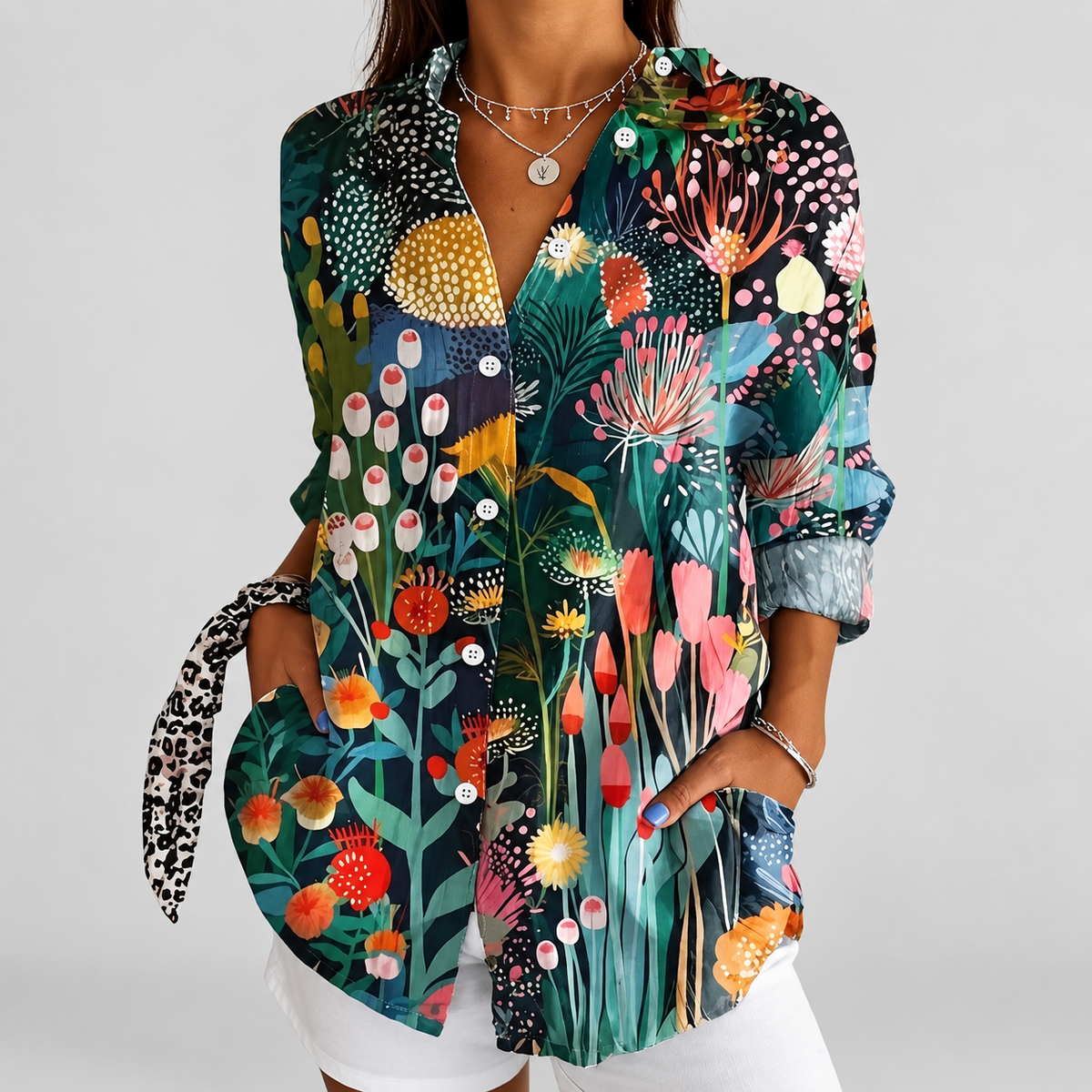 Rhea | Women’s Colourful Floral Button-Front Blouse — Green