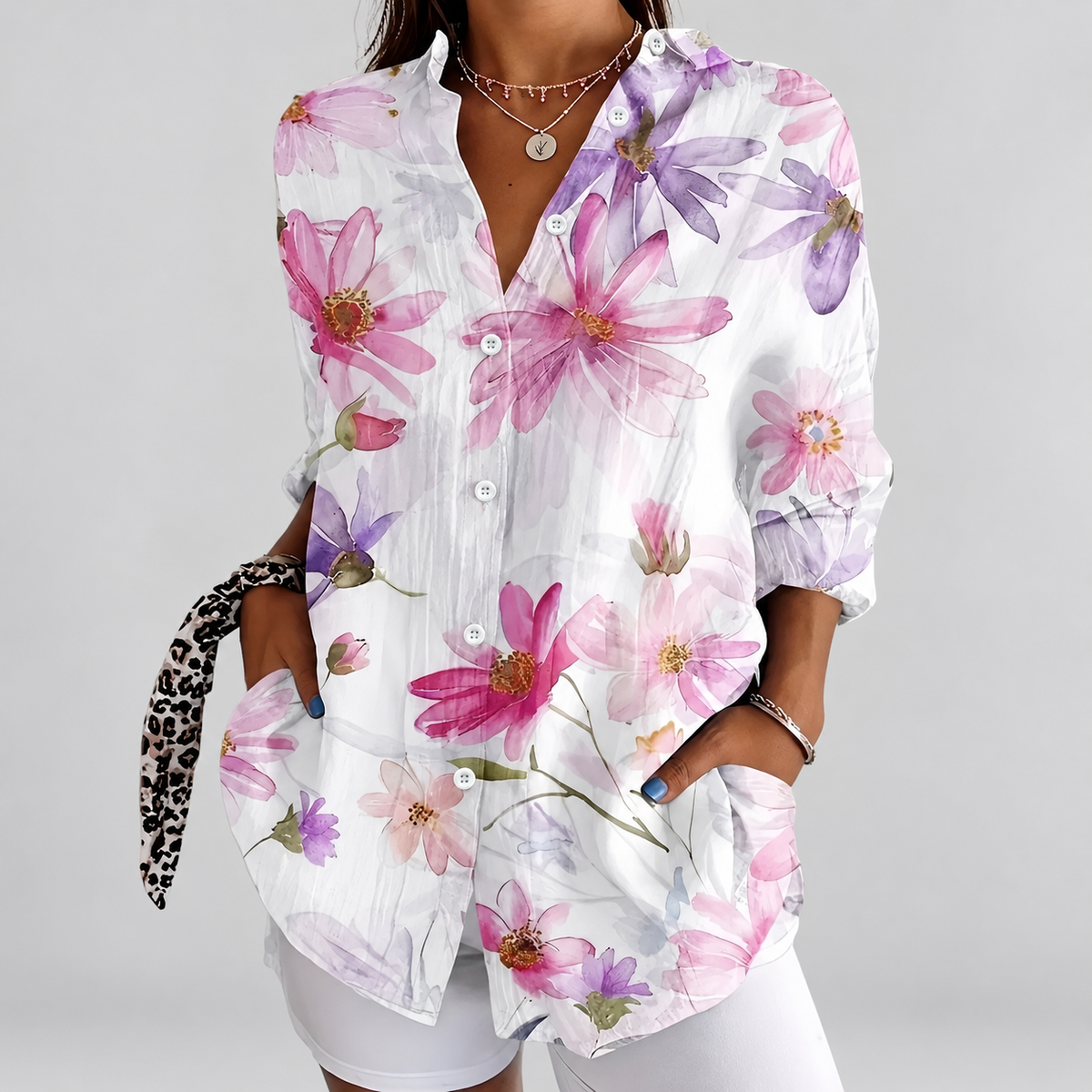 Rhea | Women’s Colourful Floral Button-Front Blouse — White