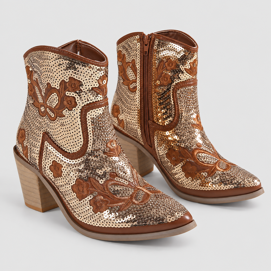 Rheanna | Women’s Sequin-Embroidered Western Ankle Boots — Gold