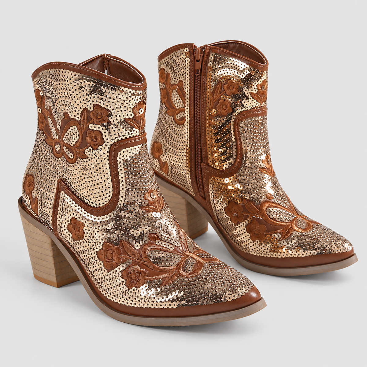 Rheanna | Women’s Sequin-Embroidered Western Ankle Boots — Gold