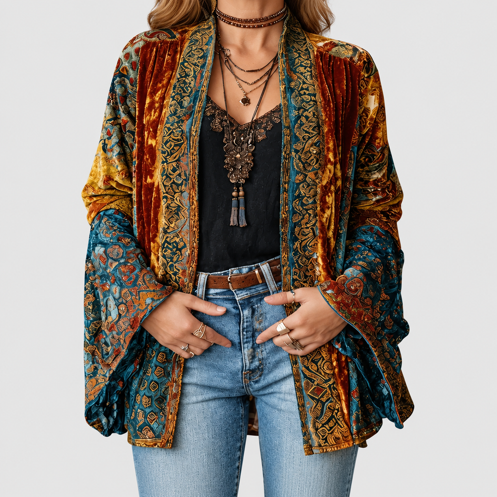 Romina | Women’s Boho Patterned Kimono Jacket — Burgundy