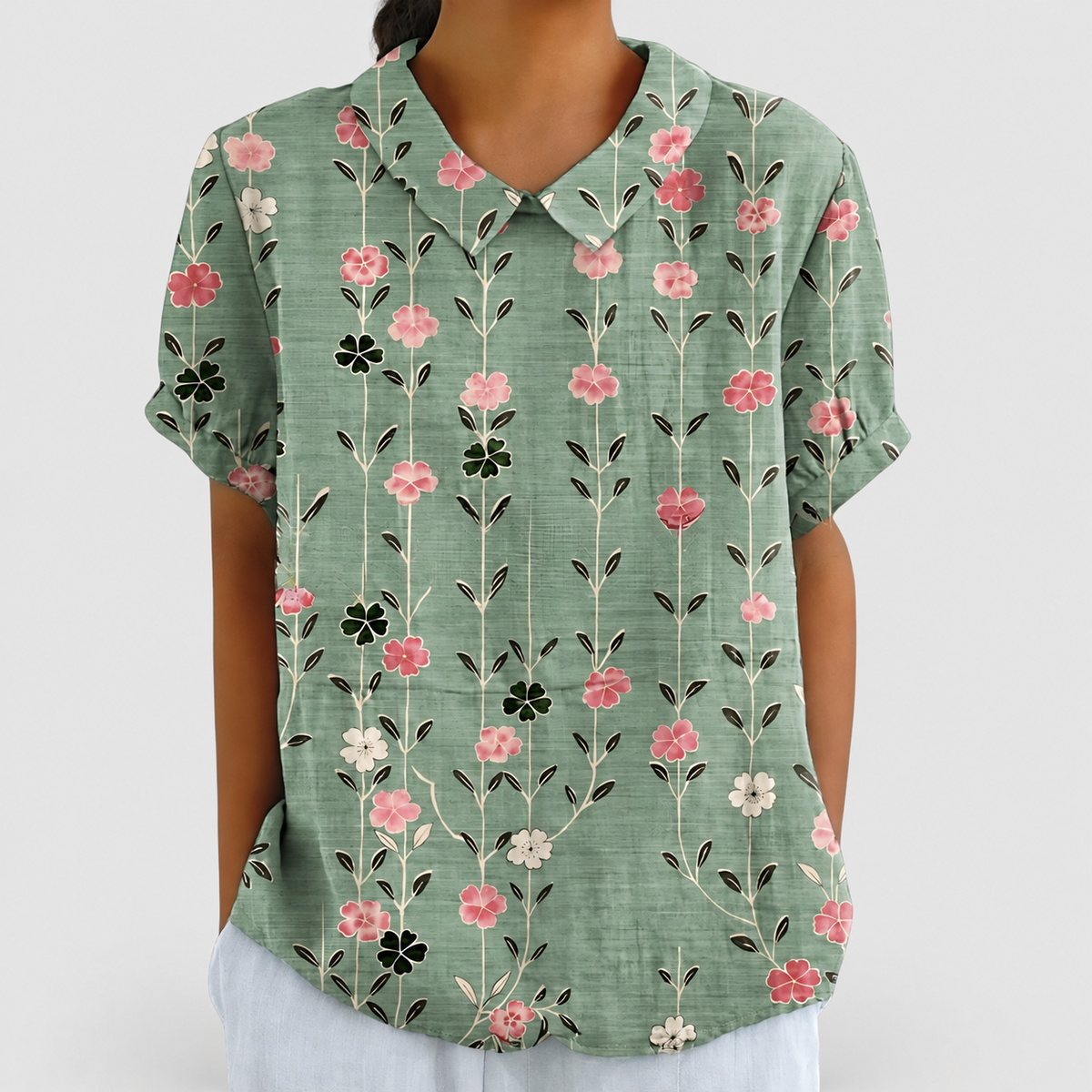 Rosabella | Women’s Floral Collared Short-Sleeve Blouse — Green Floral Print