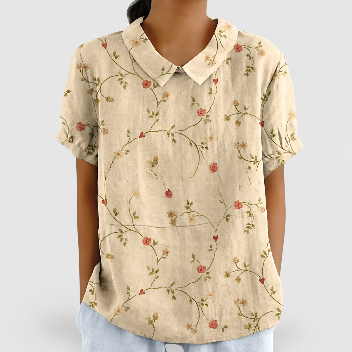 Rosabella | Women’s Floral Collared Short-Sleeve Blouse — Old Yellow