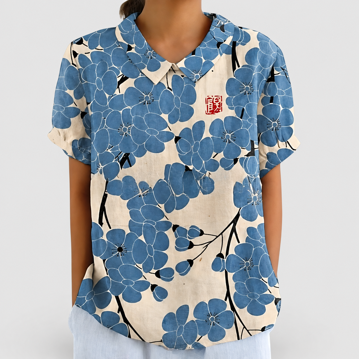 Rosabella | Women’s Floral Collared Short-Sleeve Blouse — Blue Flowers