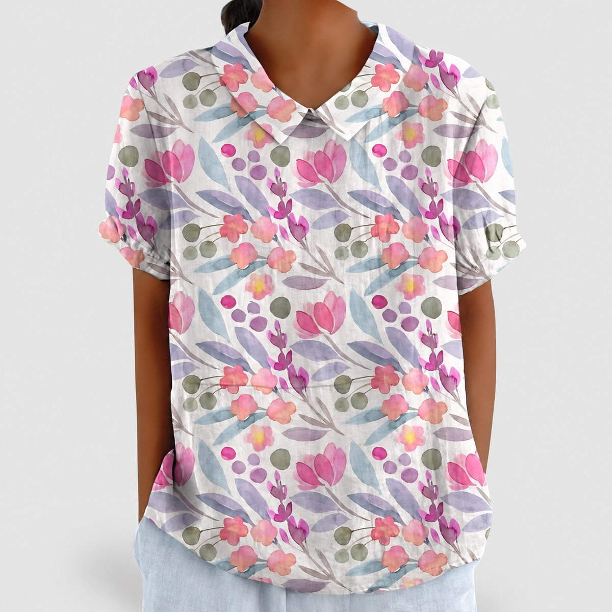 Rosabella | Women’s Floral Collared Short-Sleeve Blouse — Dark Pink