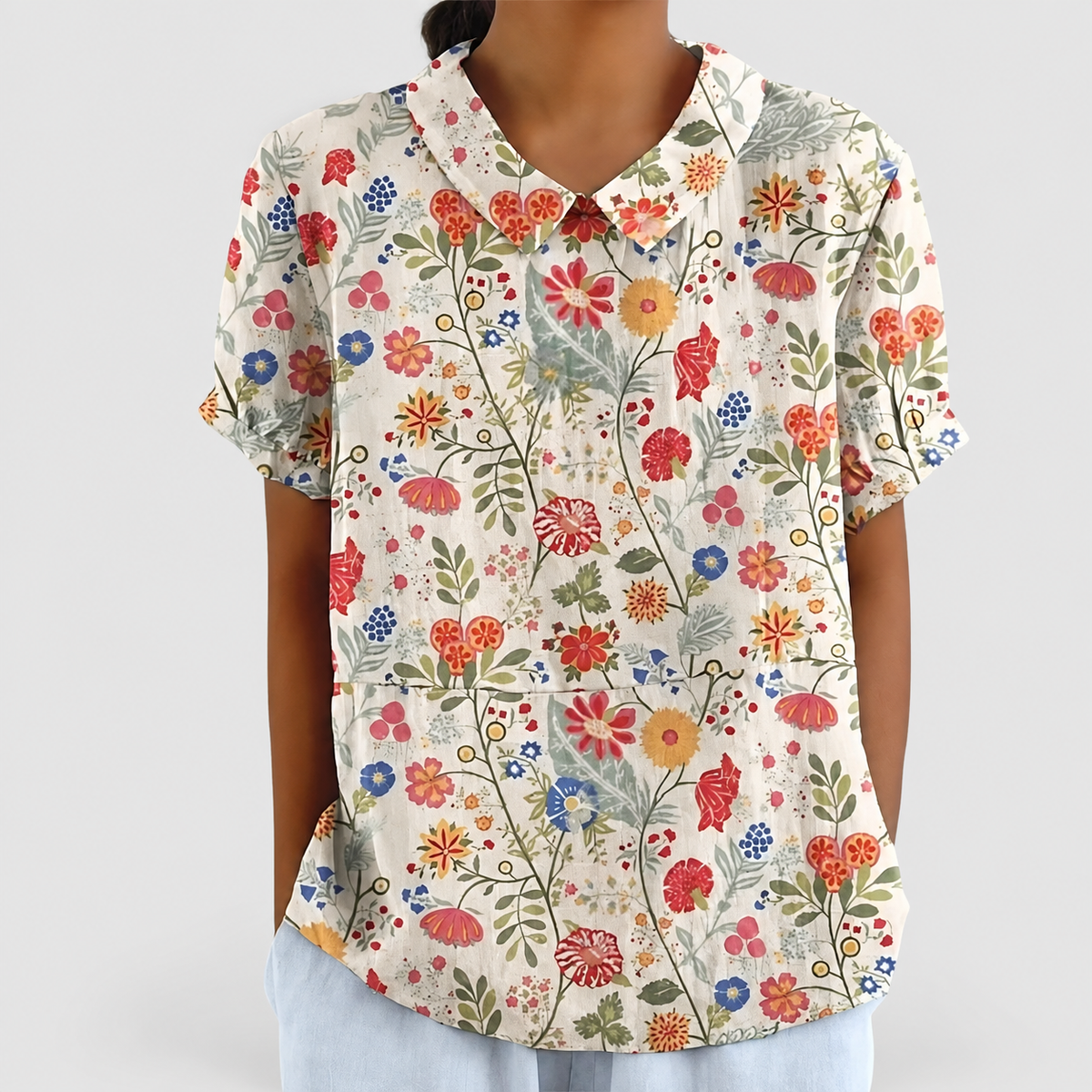 Rosabella | Women’s Floral Collared Short-Sleeve Blouse — Light Pink with Floral Print, White Floral Print