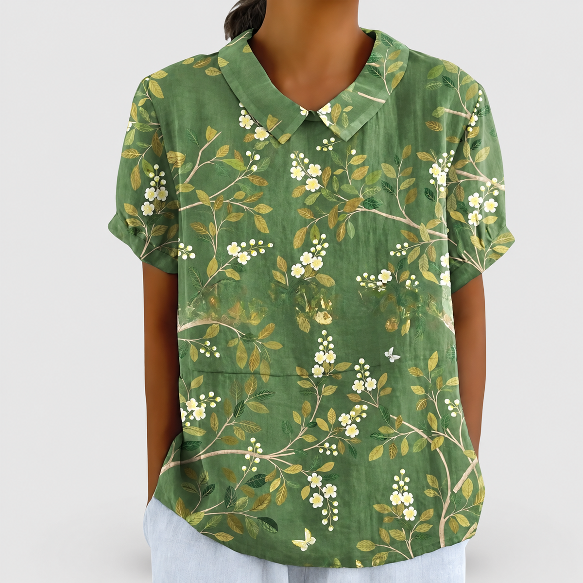 Rosabella | Women’s Floral Collared Short-Sleeve Blouse — Green 2