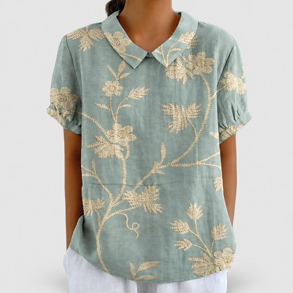 Rosabella | Women’s Floral Collared Short-Sleeve Blouse — Yellowish Green