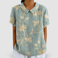 Rosabella | Women’s Floral Collared Short-Sleeve Blouse — Yellowish Green