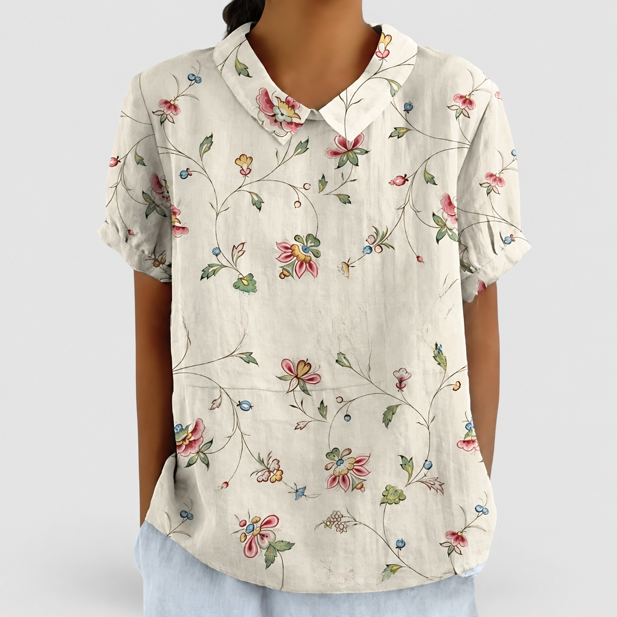 Rosabella | Women’s Floral Collared Short-Sleeve Blouse — product detail 13