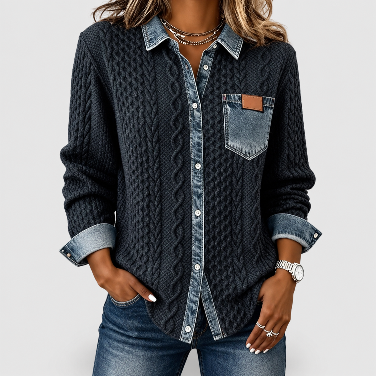 Rosalind | Women’s Knit Sweater with Denim-Look Details — Blue