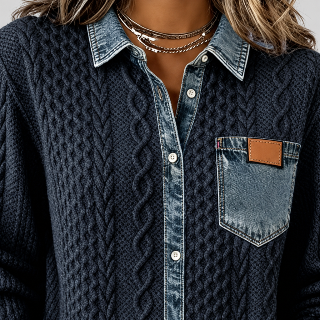 Rosalind | Women’s Knit Sweater with Denim-Look Details — product detail 2
