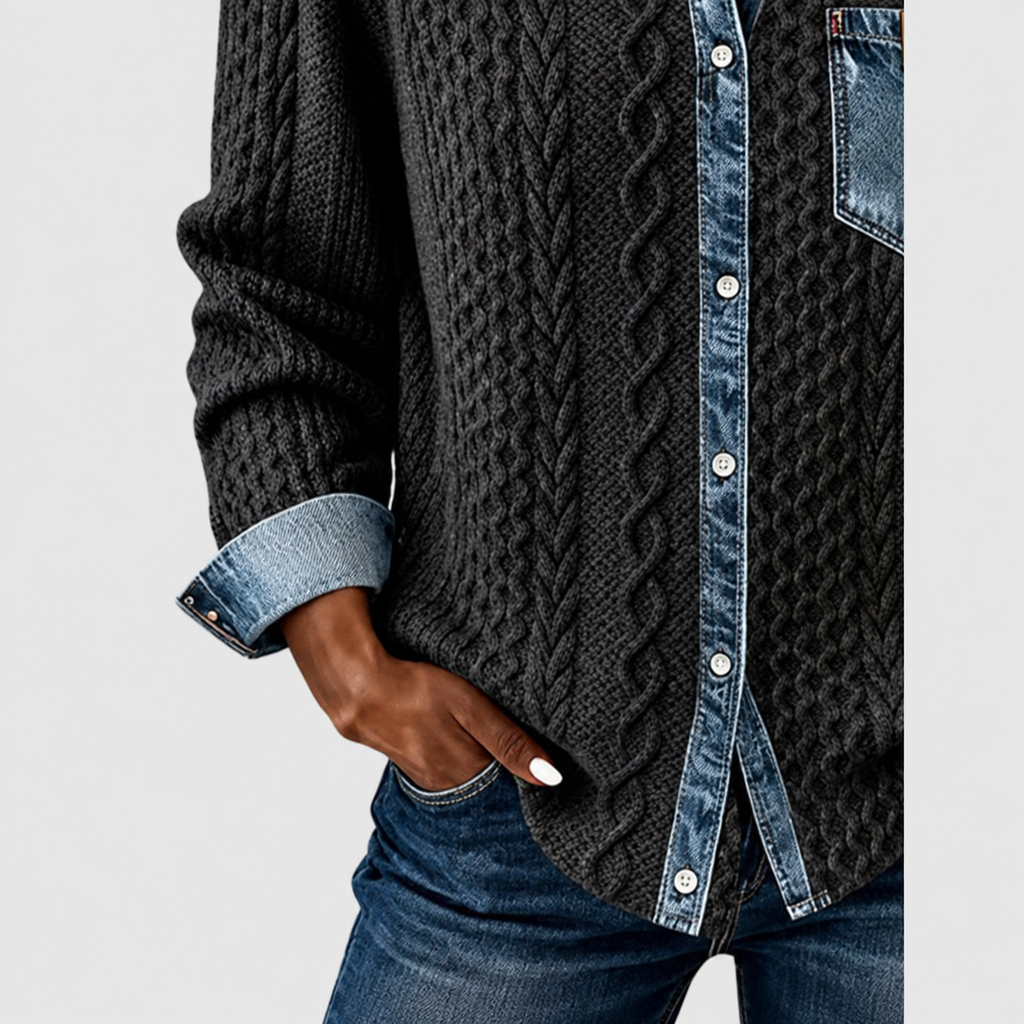 Rosalind | Women’s Knit Sweater with Denim-Look Details — product detail 4
