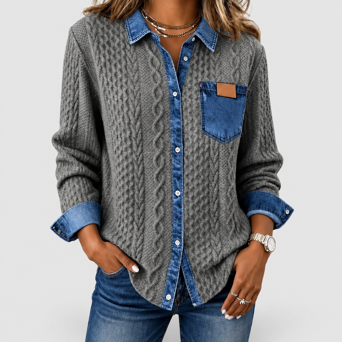 Rosalind | Women’s Knit Sweater with Denim-Look Details — Grey