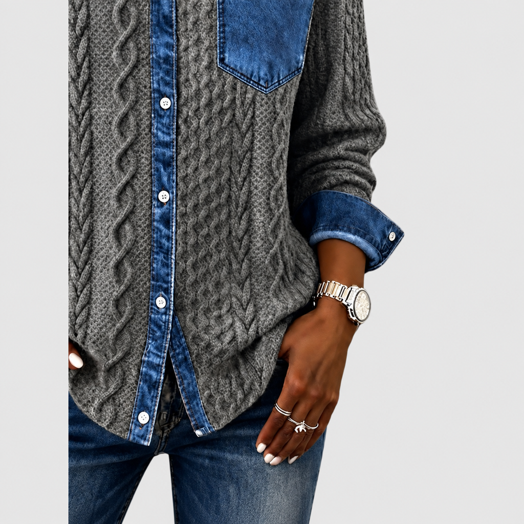 Rosalind | Women’s Knit Sweater with Denim-Look Details — product detail 6