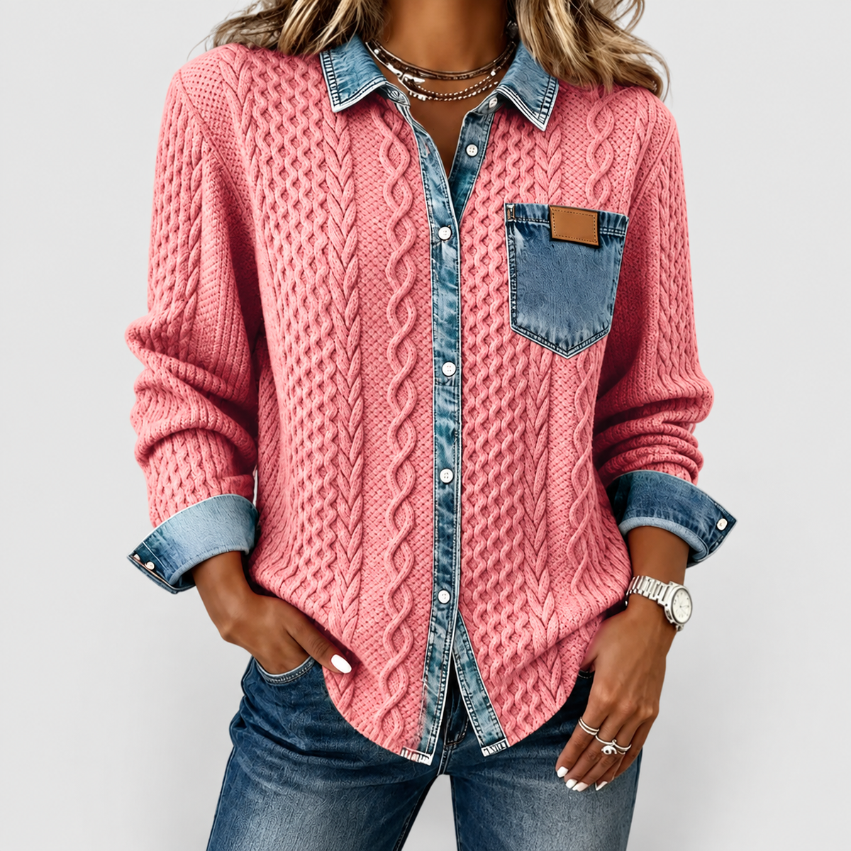 Rosalind | Women’s Knit Sweater with Denim-Look Details — Pink