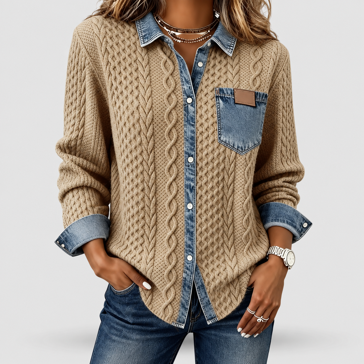 Rosalind | Women’s Knit Sweater with Denim-Look Details — Khaki