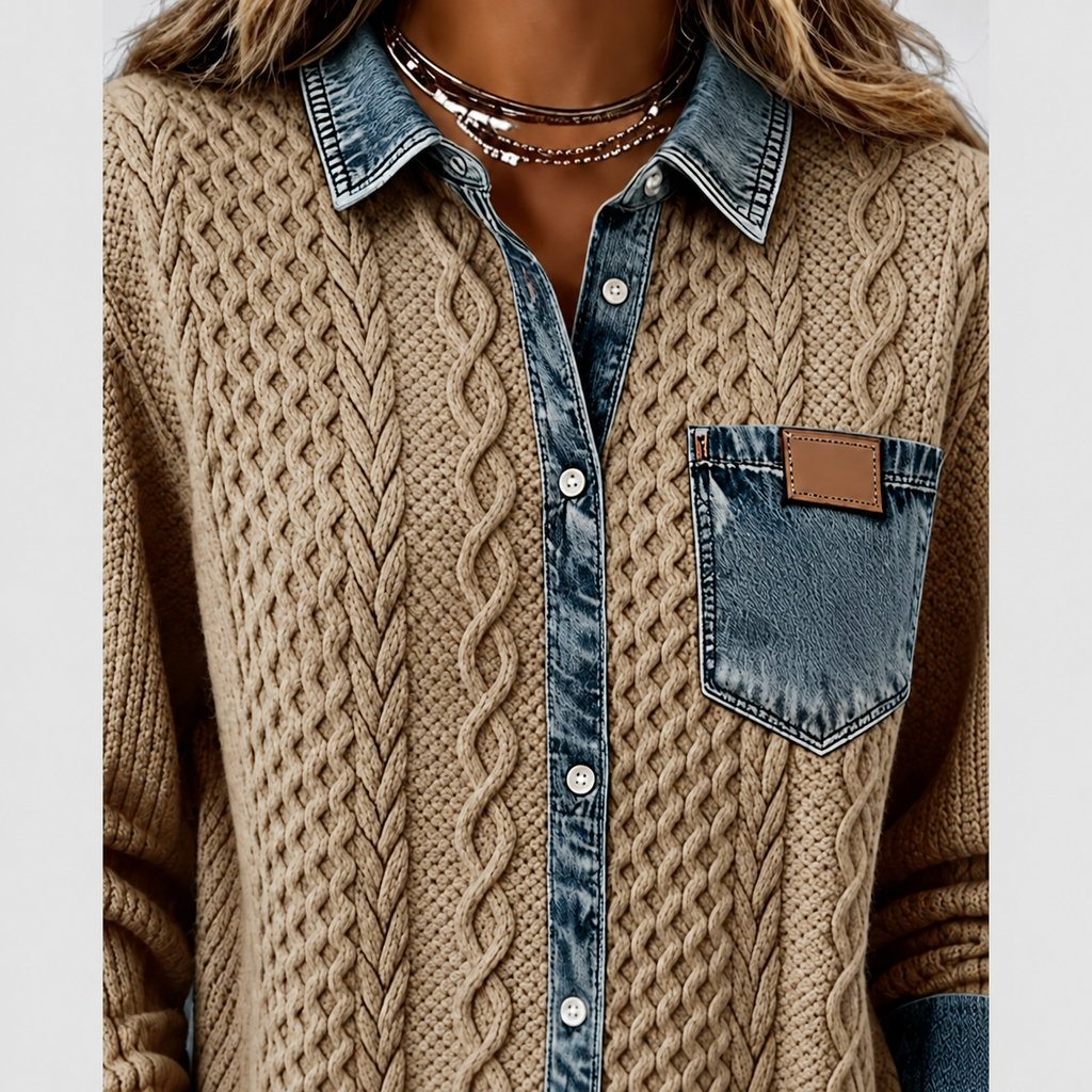 Rosalind | Women’s Knit Sweater with Denim-Look Details — product detail 10
