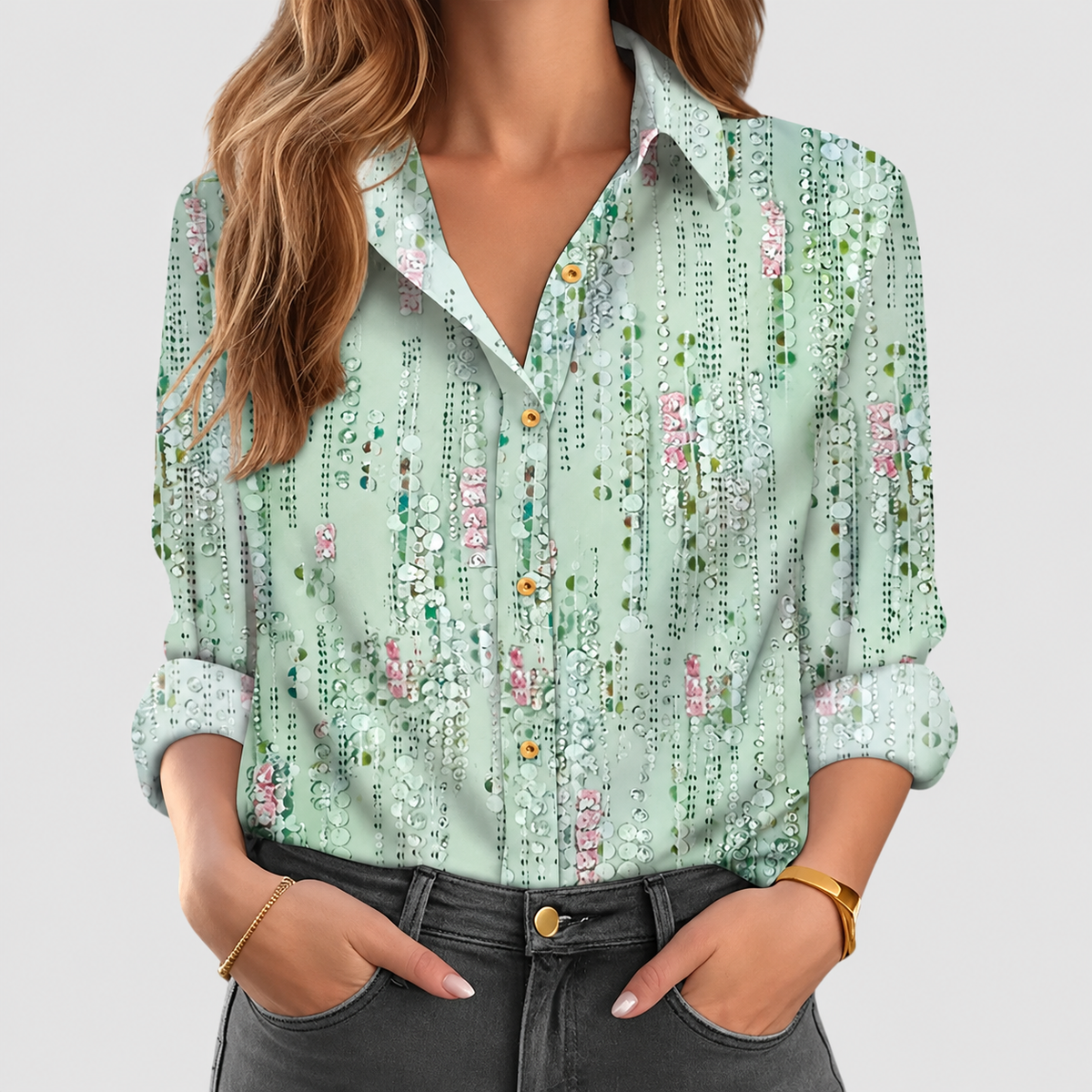 Rosina | Women’s Floral Button-Front Blouse — Green