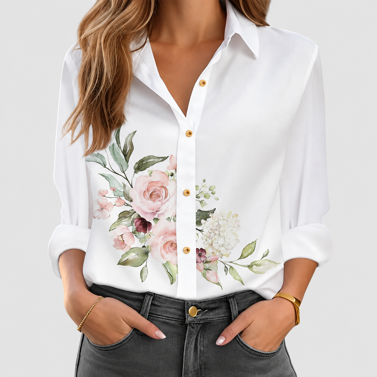 Rosina | Women’s Floral Button-Front Blouse — Pink