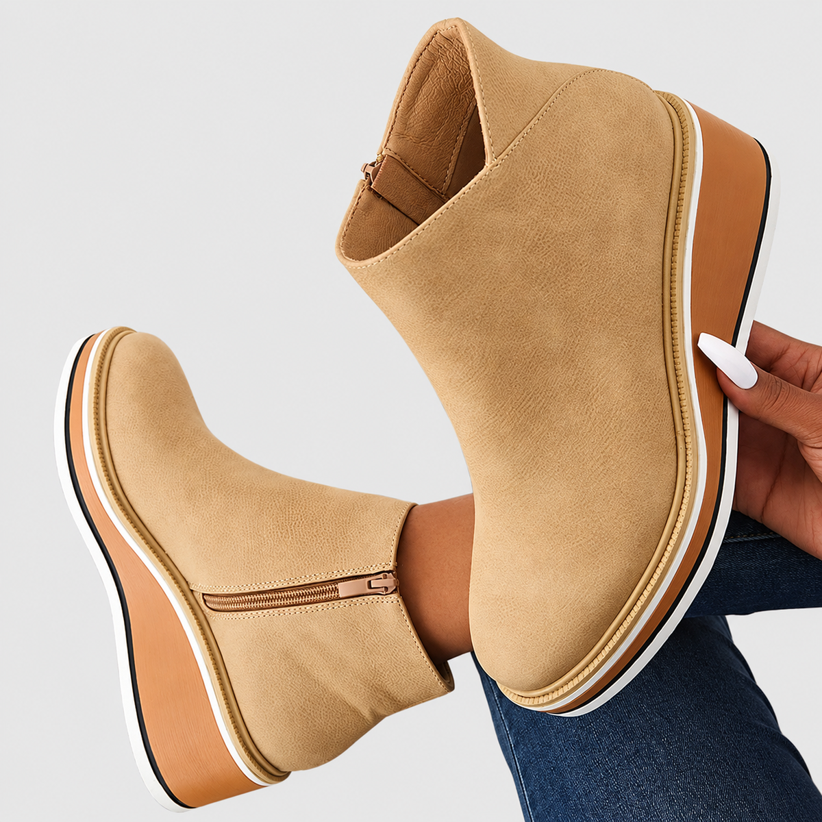 Sabine | Women’s Platform Wedge Ankle Boots — Beige