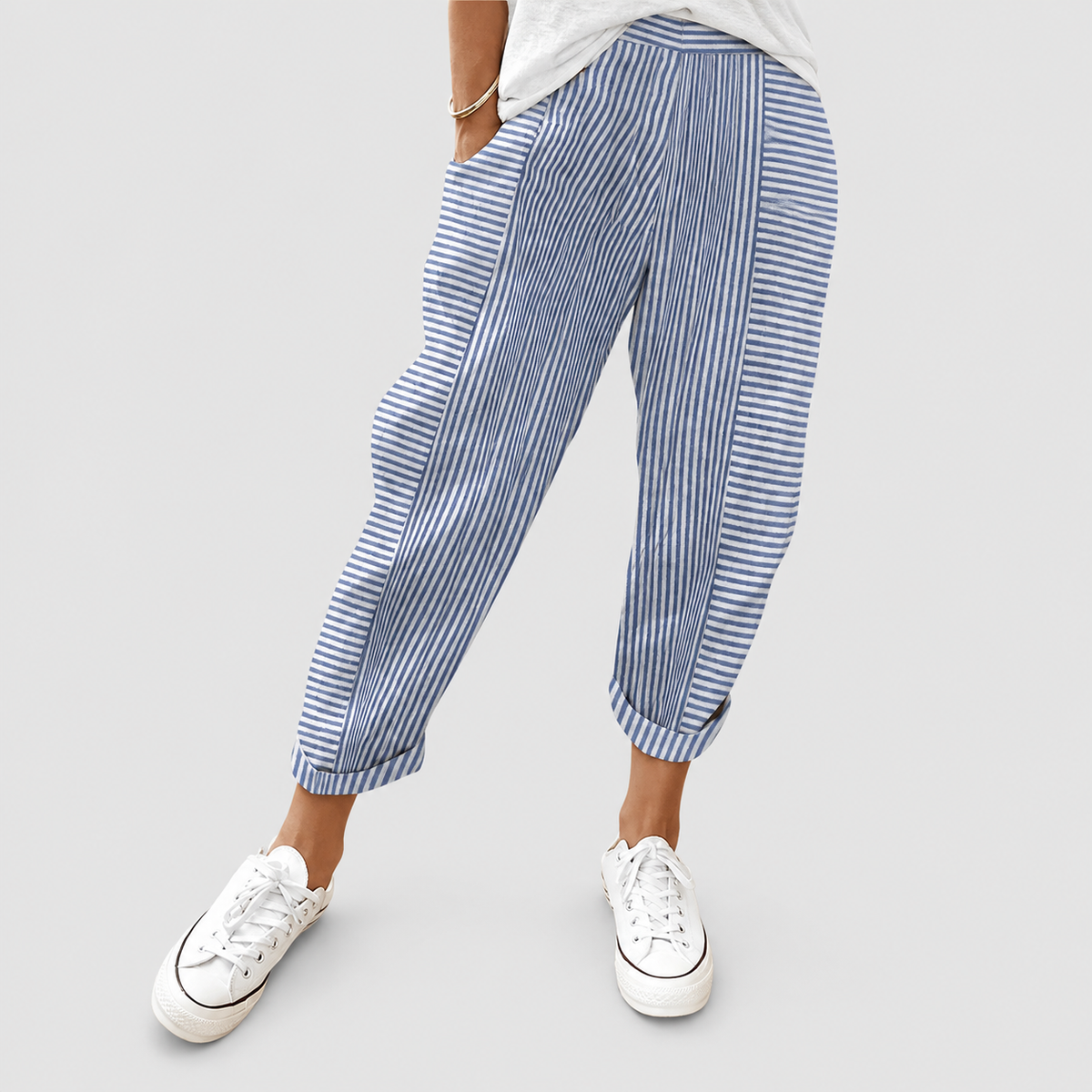 Saffron | Women’s Striped Drawstring Pants — Blue