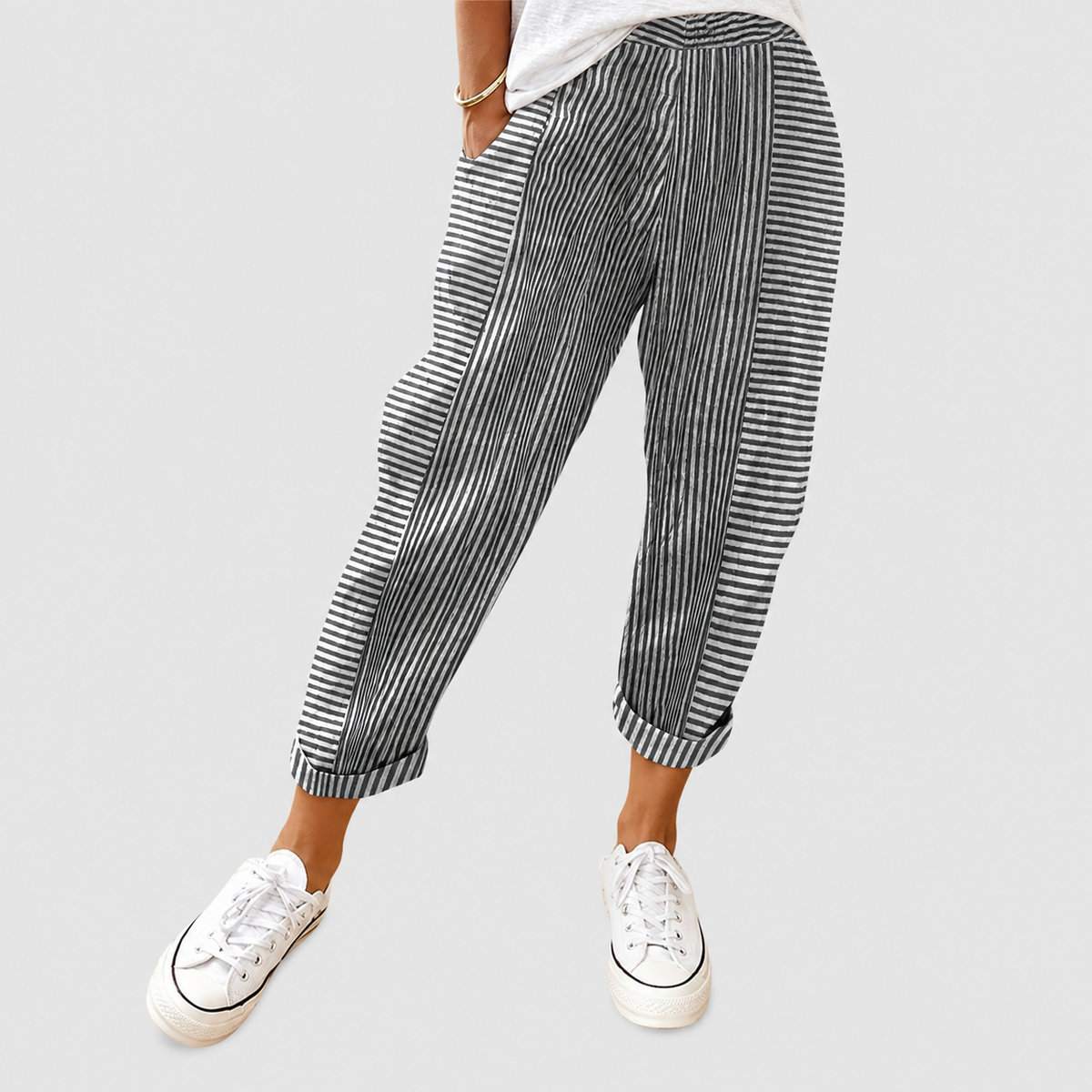 Saffron | Women’s Striped Drawstring Pants — Black