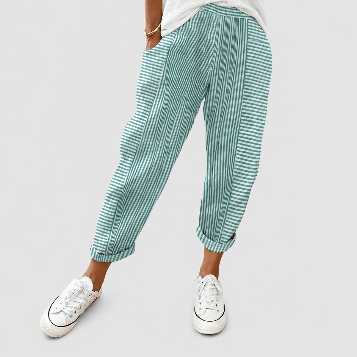 Saffron | Women’s Striped Drawstring Pants — Green