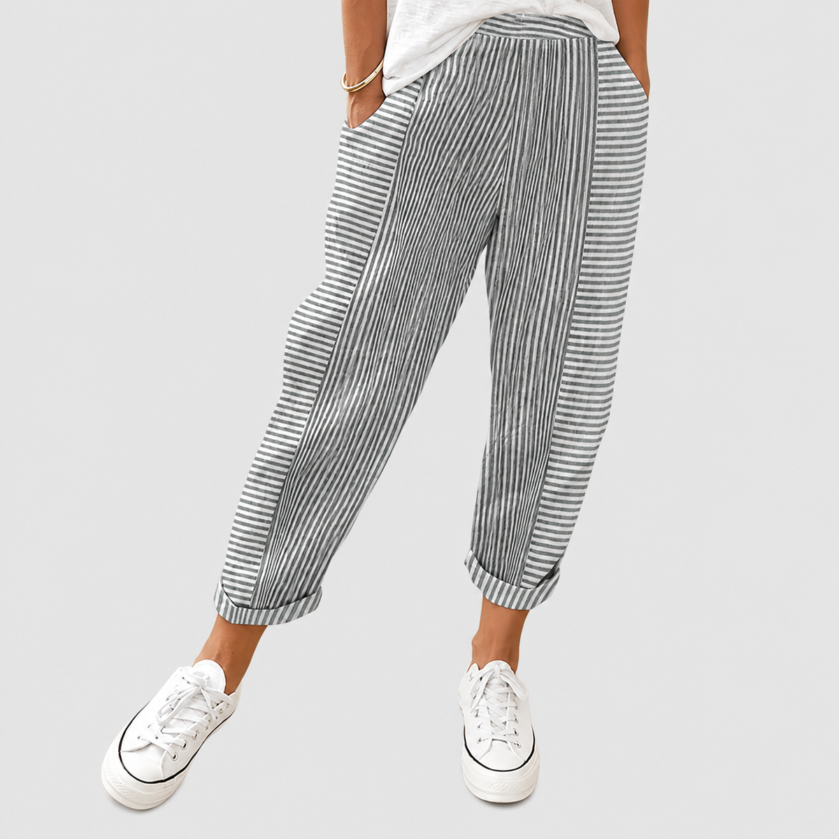 Saffron | Women’s Striped Drawstring Pants — Light Grey