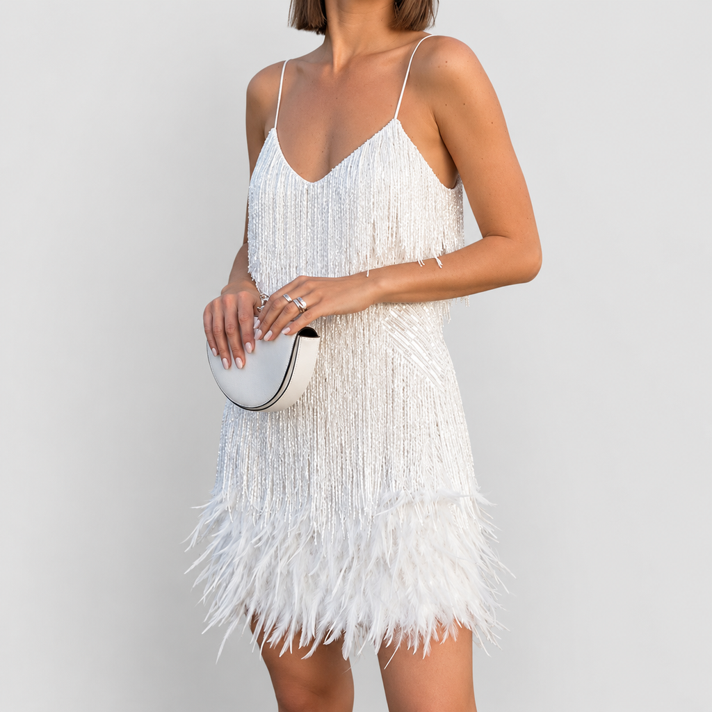 Seraphina | Women’s Feather-Trimmed Statement Mini Dress — White
