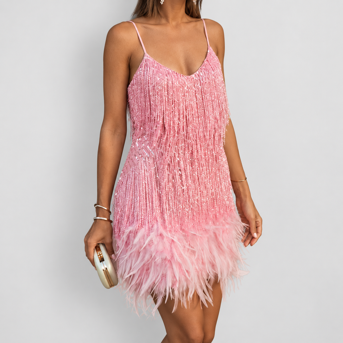 Seraphina | Women’s Feather-Trimmed Statement Mini Dress — Pink