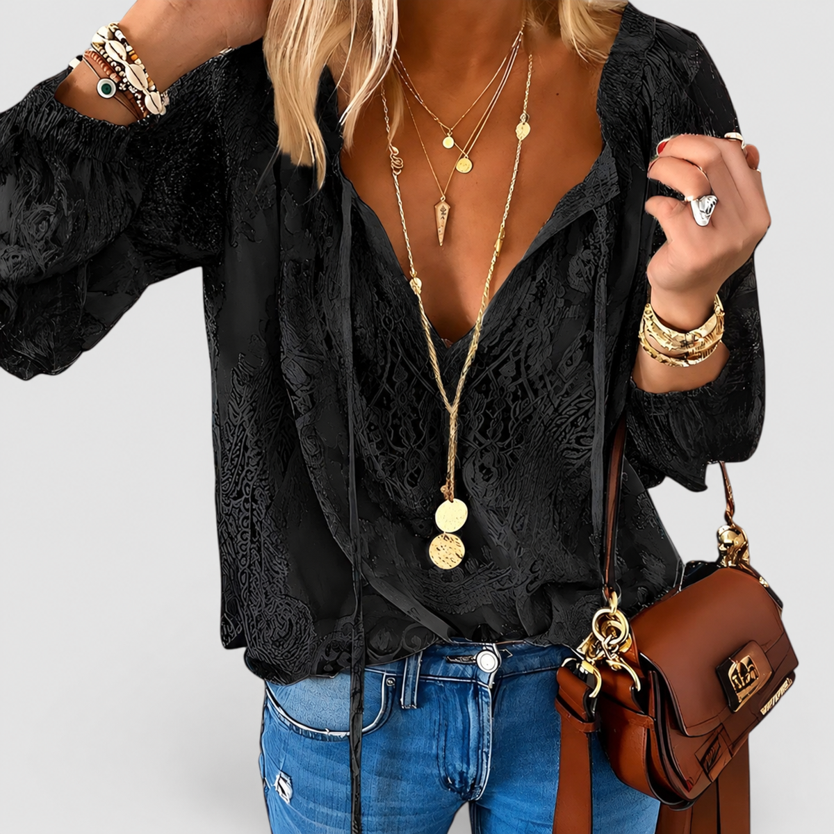 Sienelle | Women’s V-Neck Long-Sleeve Boho Blouse — Black