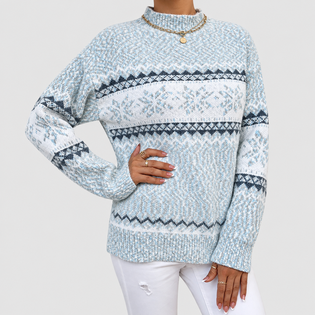 Sigrida | Women’s Fair Isle Knit Sweater — Light Blue