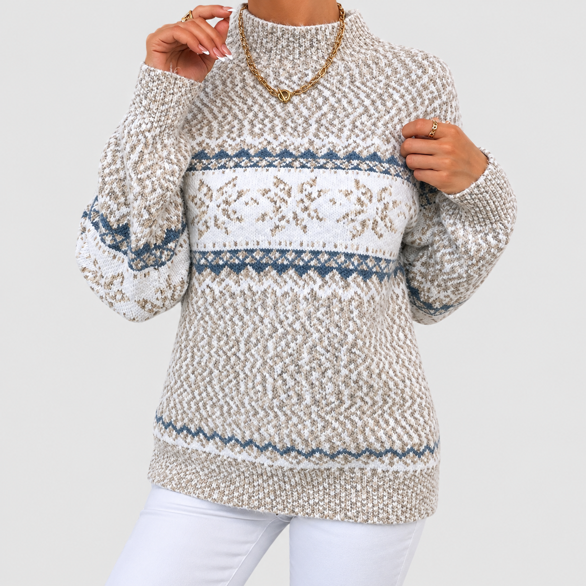 Sigrida | Women’s Fair Isle Knit Sweater — Beige
