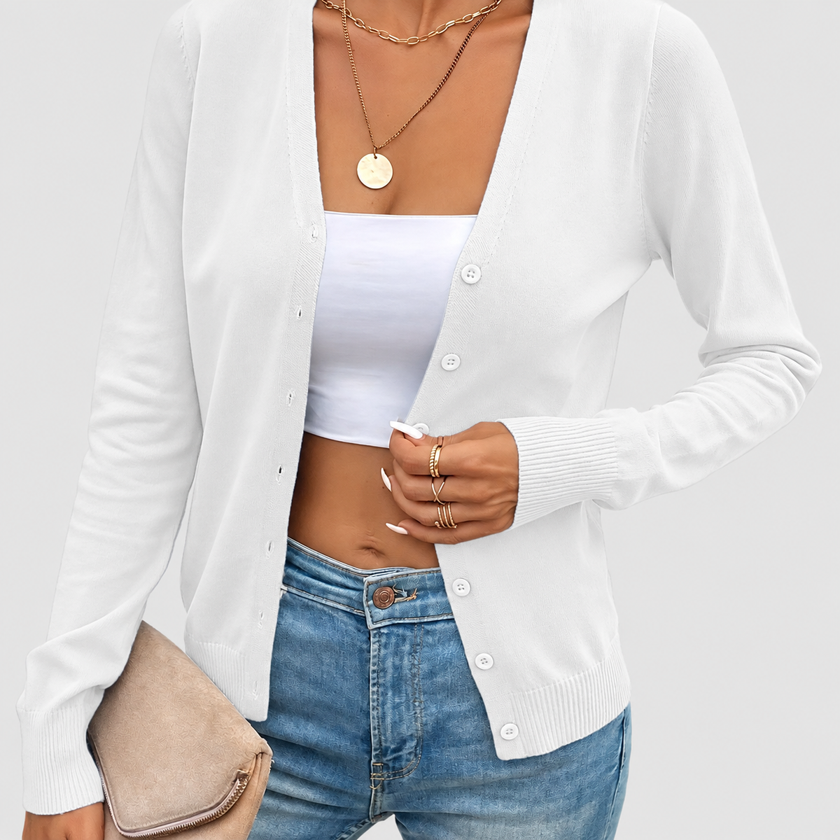 Simone | Women’s Button-Front Cardigan Sweater — White