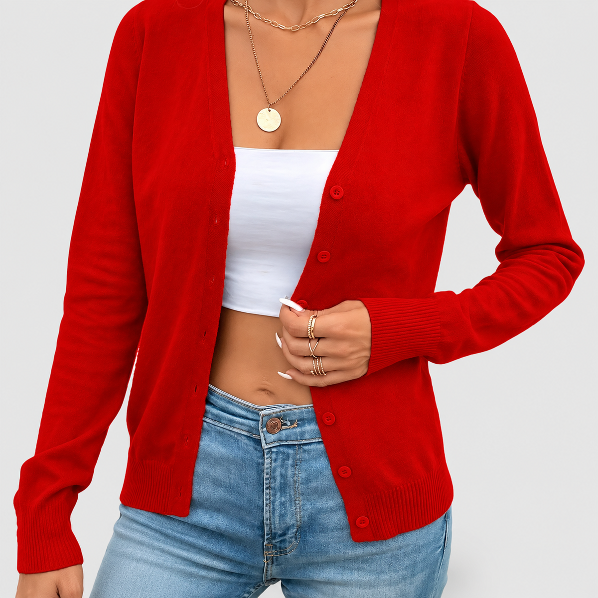 Simone | Women’s Button-Front Cardigan Sweater — Red