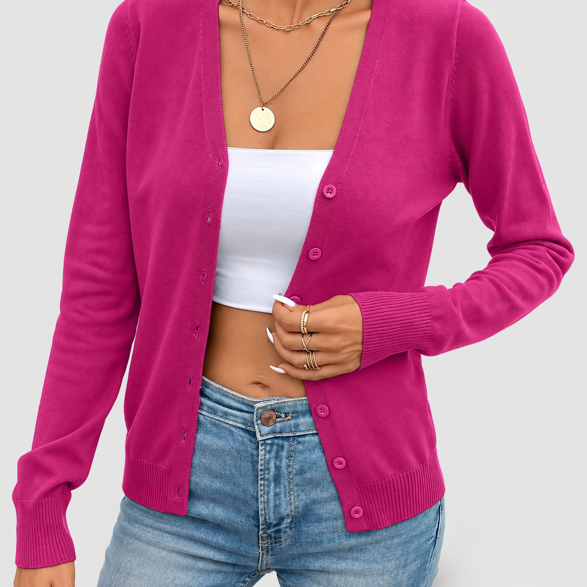 Simone | Women’s Button-Front Cardigan Sweater — Rose Red