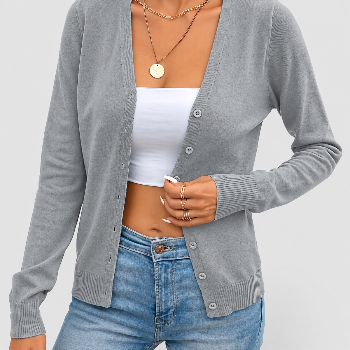 Simone | Women’s Button-Front Cardigan Sweater — Grey