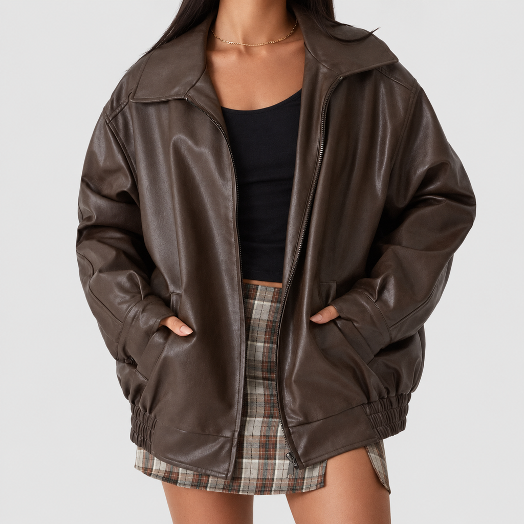 Sloane | Women’s Boxy Oversized Faux-Leather Jacket — Brown