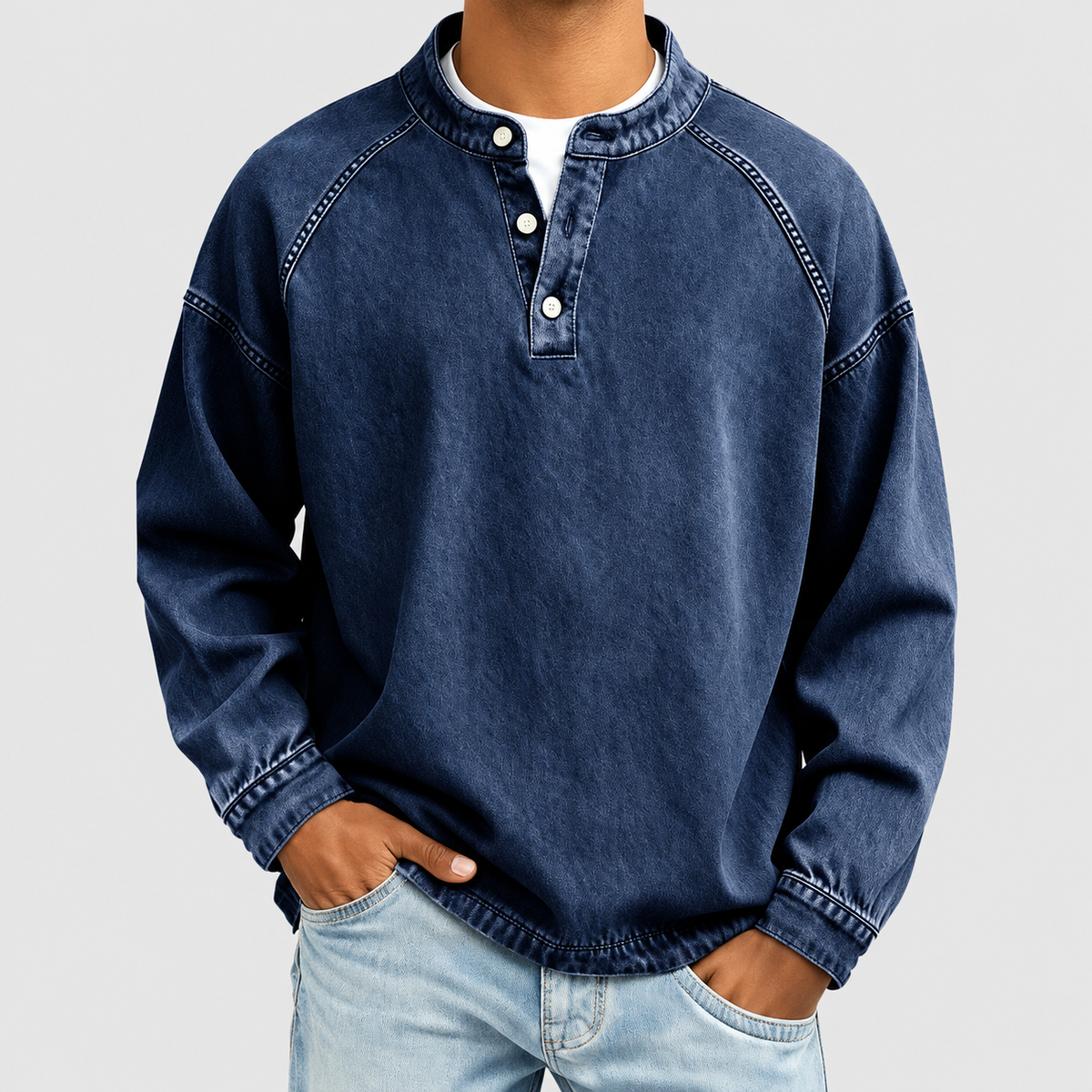 Stellan | Men’s Vintage-Style Henley Shirt — Dark Blue