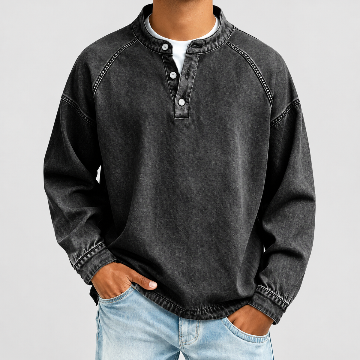Stellan | Men’s Vintage-Style Henley Shirt — Black