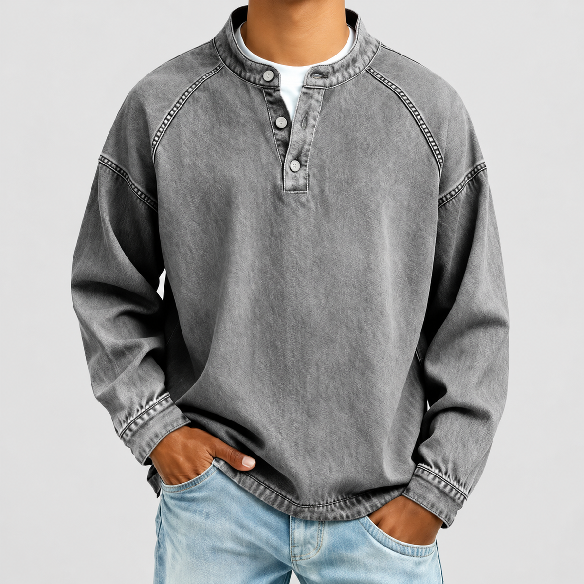 Stellan | Men’s Vintage-Style Henley Shirt — Grey