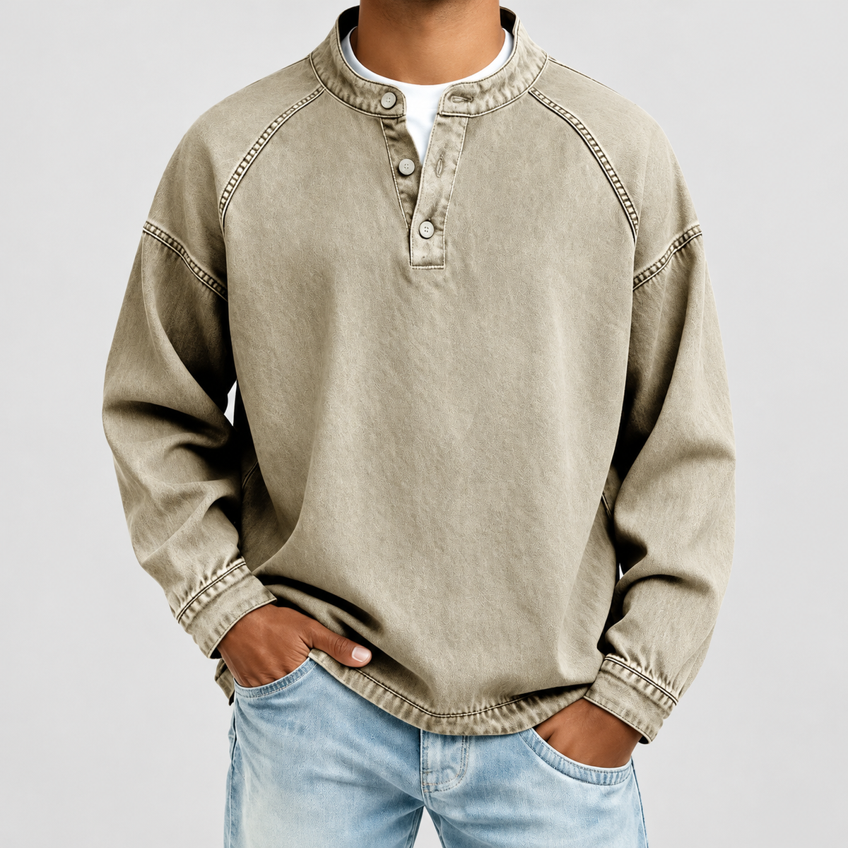 Stellan | Men’s Vintage-Style Henley Shirt — Khaki