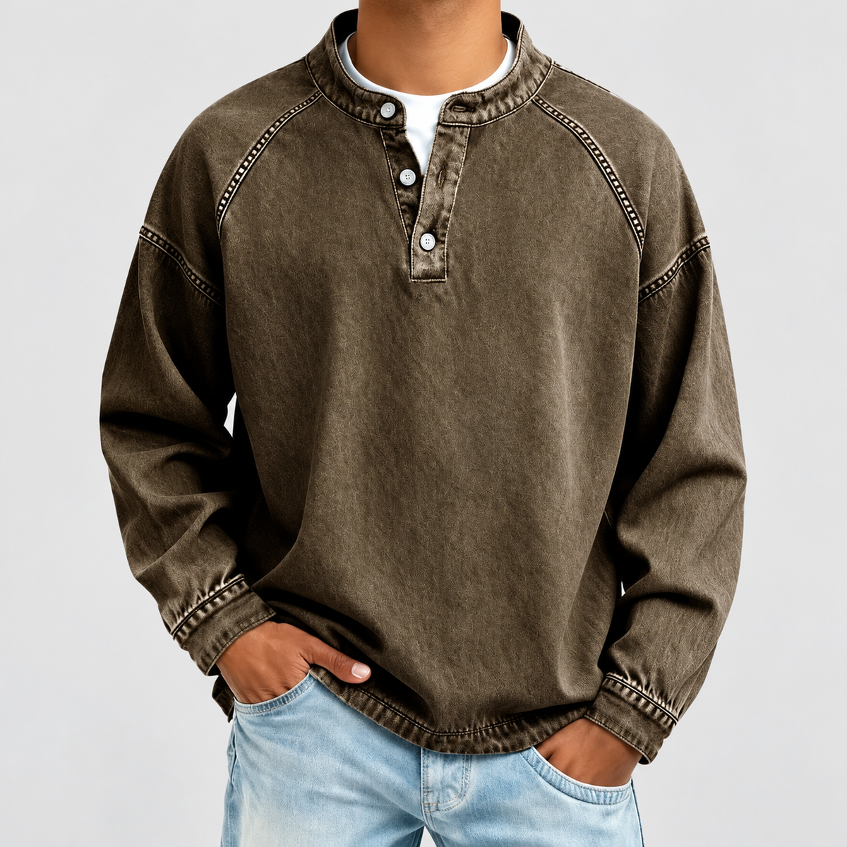 Stellan | Men’s Vintage-Style Henley Shirt — Dark Brown