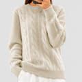 Susannah | Women’s Cable-Knit Wool Sweater with Ribbed Trim — Beige